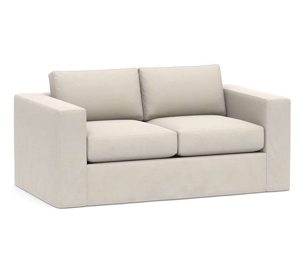 Carmel Square Arm Slipcovered Loveseat 74", Down Blend Wrapped Cushions, Performance Everydaysuede(TM) Stone - Image 0