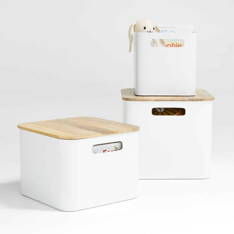 Outline White Medium Metal Storage Bin with Wood Lid - Image 4