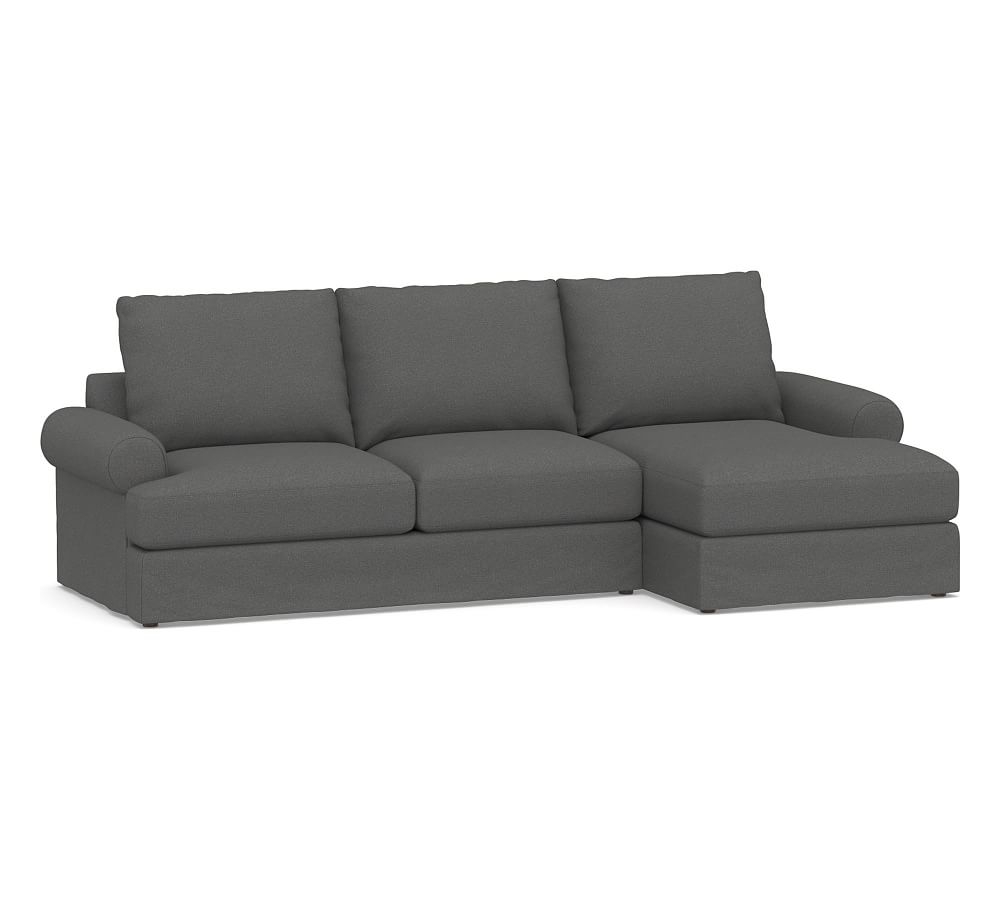 Canyon Roll Arm Slipcovered Left Arm Loveseat with Chaise Sectional, Down Blend Wrapped Cushions, Park Weave Charcoal - Image 0