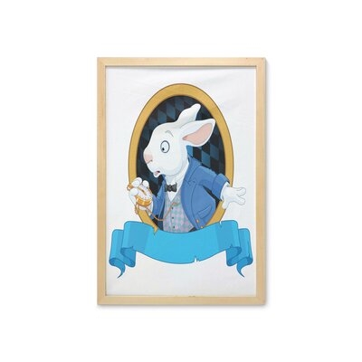 Ambesonne Alice In Wonderland Wall Art With Frame, Rabbit Pocket Watch Design Alice Fantasy World, Printed Fabric Poster For Bathroom Living Room Dorms, 23" X 35", Blue White Earth Yellow - Image 0