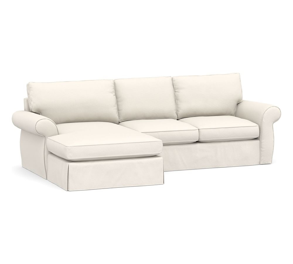 Pearce Roll Arm Slipcovered Right Arm Loveseat with Double Wide Chaise Sectional, Down Blend Wrapped Cushions, Performance Chateau Basketweave Ivory - Image 0