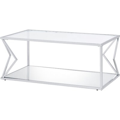Coffee Table With Glass Top And Bottom Shelf And Geometric Accent, Silver - Image 0