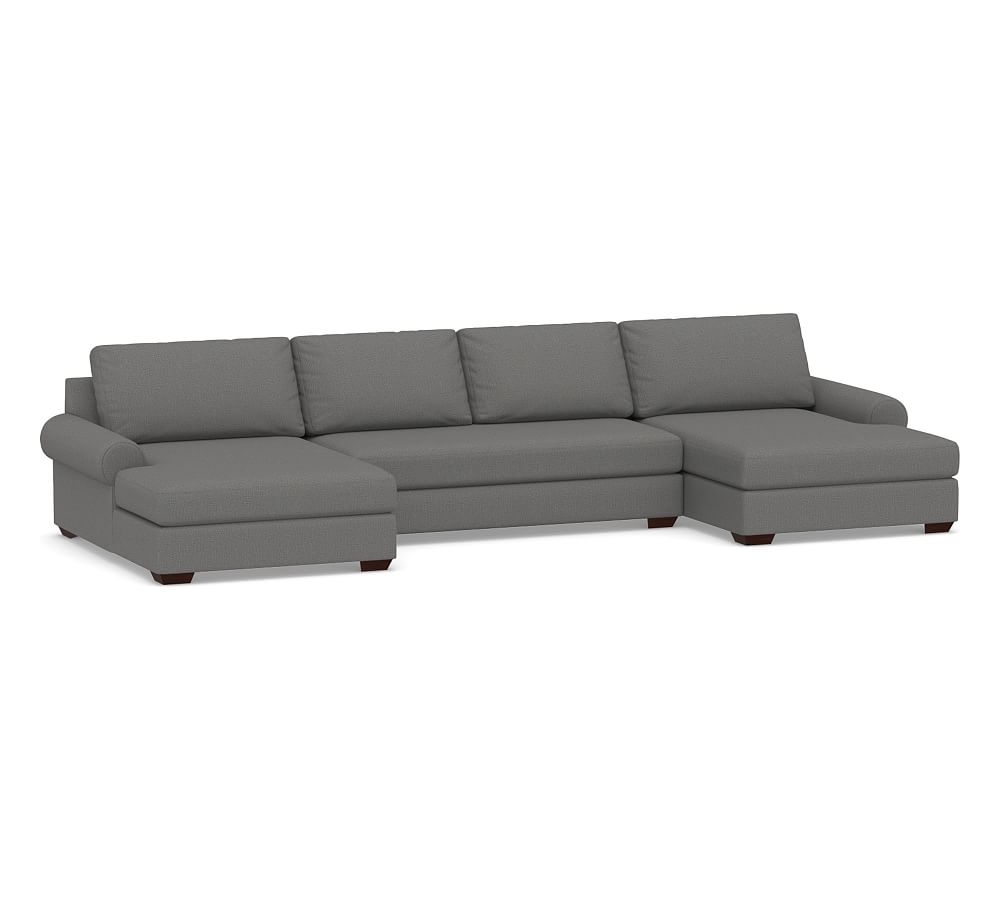 Big Sur Roll Arm Upholstered U-Double Chaise Sofa Sectional with Bench Cushion, Down Blend Wrapped Cushions, Performance Brushed Basketweave Slate - Image 0