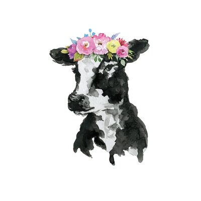 Black White Cow With Flowers by Ephrazy Graphics - Wrapped Canvas Painting - Image 0