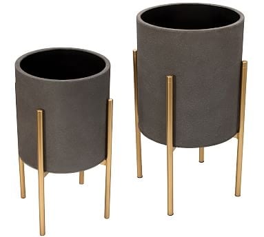 Bella Gray Textured Raised Planters with Gold Stand, Set of 2 - Image 0