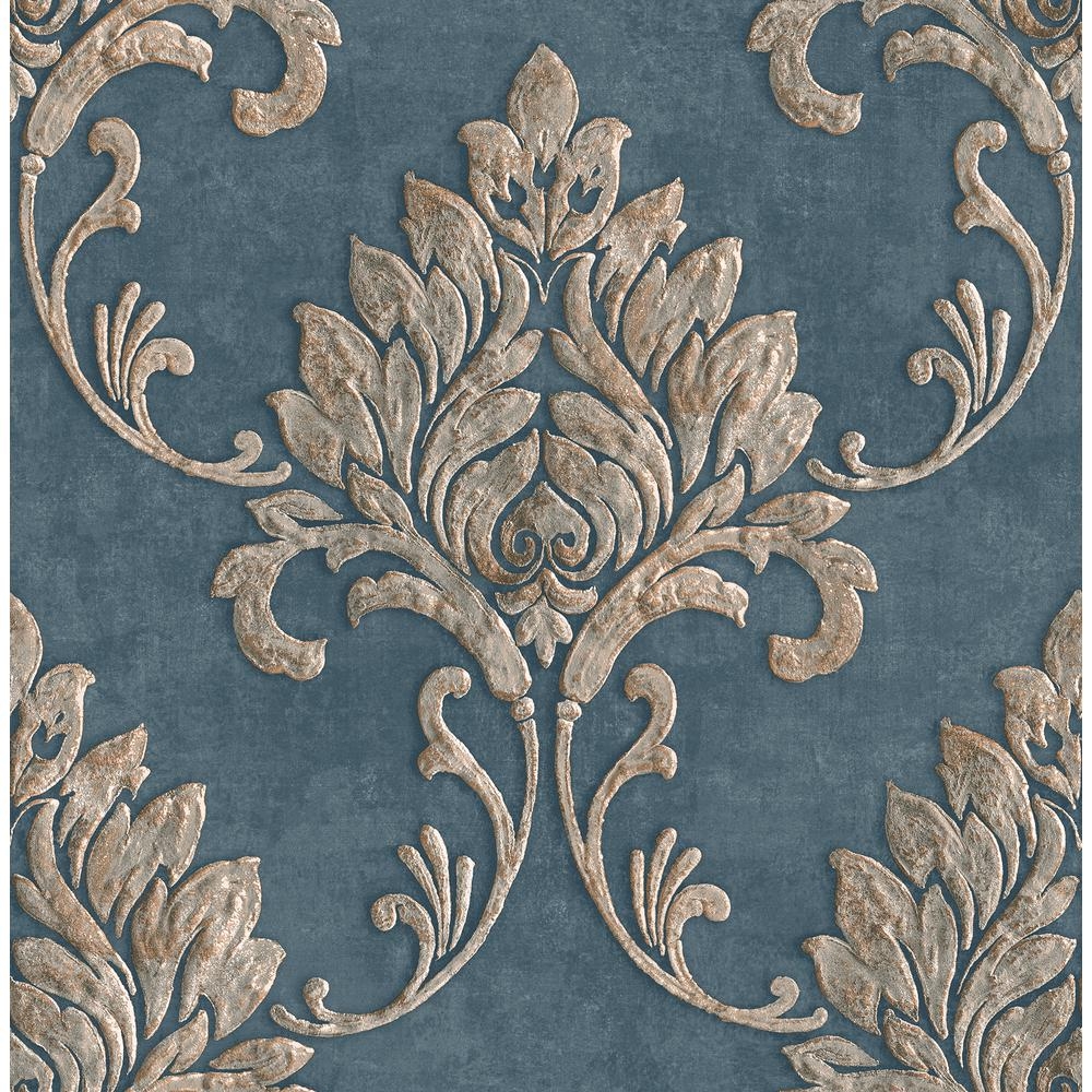 Seabrook Designs Telluride Metallic Copper, Denim, & Brown Rustic Damask Wallpaper, Metallic Copper/ Denim/ & Brown - Image 0