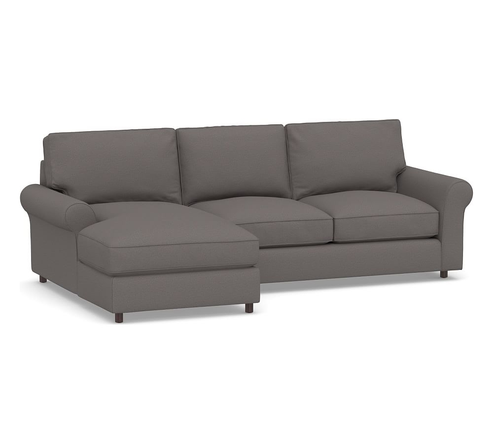 PB Comfort Roll Arm Upholstered Right Arm Loveseat with Chaise Sectional, Box Edge Down Blend Wrapped Cushions, Sunbrella Performance Slub Tweed Charcoal - Image 0