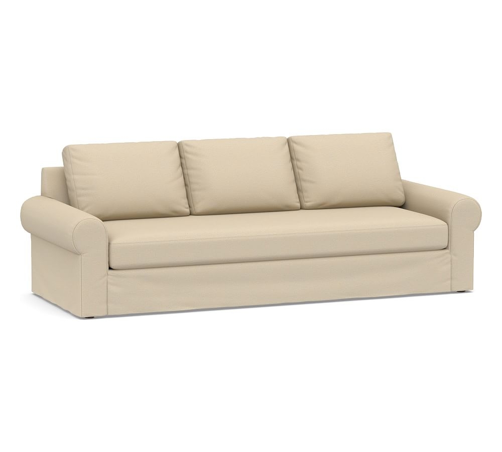 Big Sur Roll Arm Slipcovered Grand Sofa with Bench Cushion, Down Blend Wrapped Cushions, Park Weave Oatmeal - Image 0