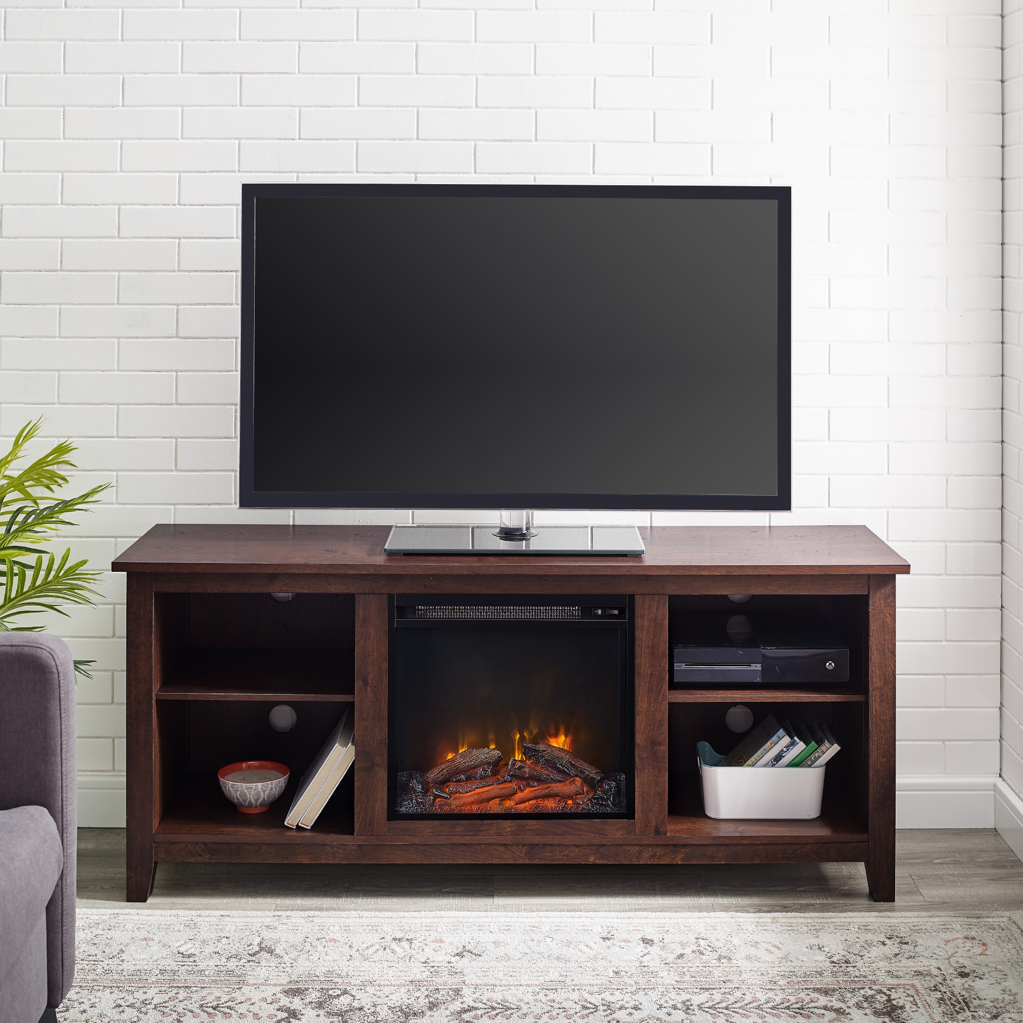 Essential 58" Traditional Rustic Farmhouse Electric Fireplace TV Stand - Brown - Image 5