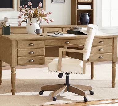 Manchester Upholstered Swivel Desk Chair with Seadrift Frame, Performance Chateau Basketweave Oatmeal - Image 2
