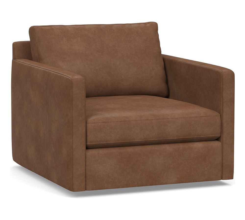 Pacifica Square Arm Leather Swivel Armchair, Polyester Wrapped Cushions, Statesville Toffee - Image 0
