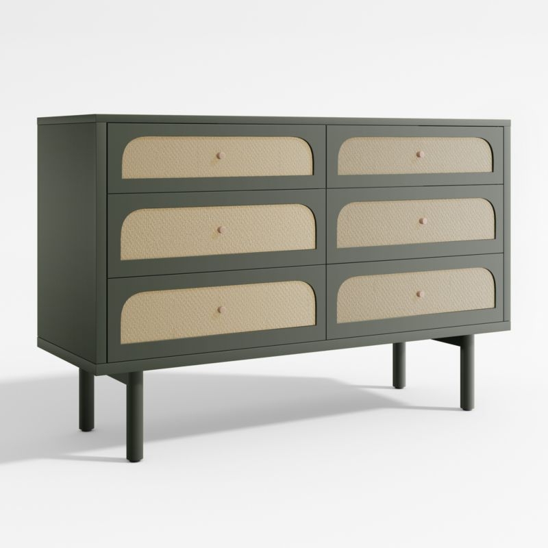 Maren Olive Green and Cane Wood 6-Drawer Dresser - Image 1