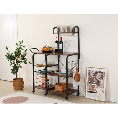 Storage Rack Dining Cart Trolley Oven Rack Shelf With 6 Pulleys Organizer Workstation (Rustic Brown) - Image 0