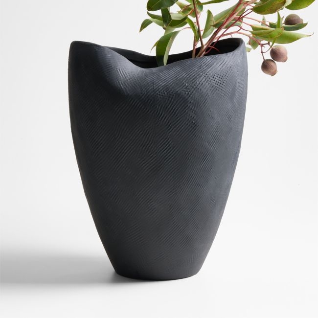 Scraffito 14" Black Ceramic Vase - Image 0