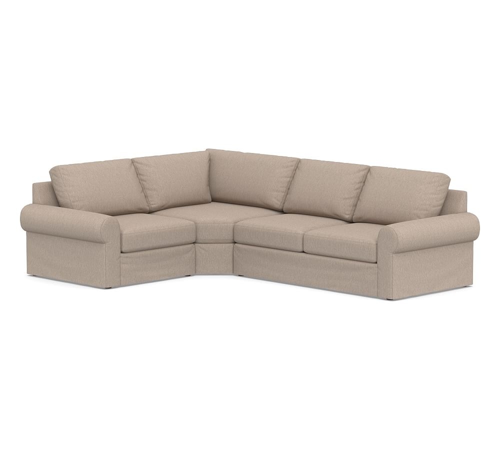 Big Sur Roll Arm Slipcovered Right Arm 3-Piece Wedge Sectional, Down Blend Wrapped Cushions, Sunbrella(R) Performance Sahara Weave Mushroom - Image 0