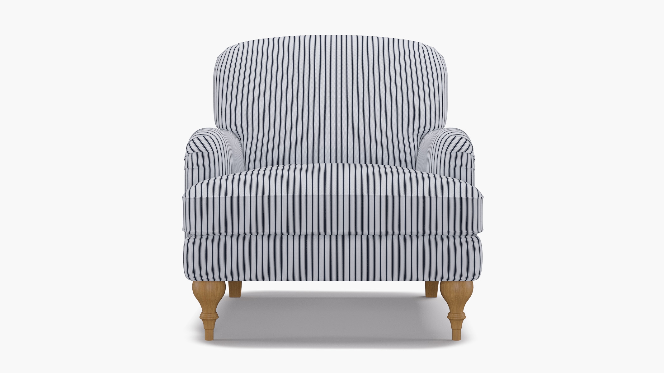 English Roll Arm Chair, Navy Classic Ticking Stripe, Natural Turned Wood Leg - Image 0