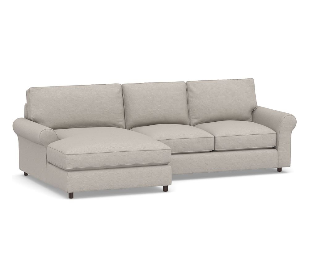 PB Comfort Roll Arm Upholstered Right Arm Loveseat with Double Chaise Sectional, Box Edge Memory Foam Cushions, Chunky Basketweave Stone - Image 0