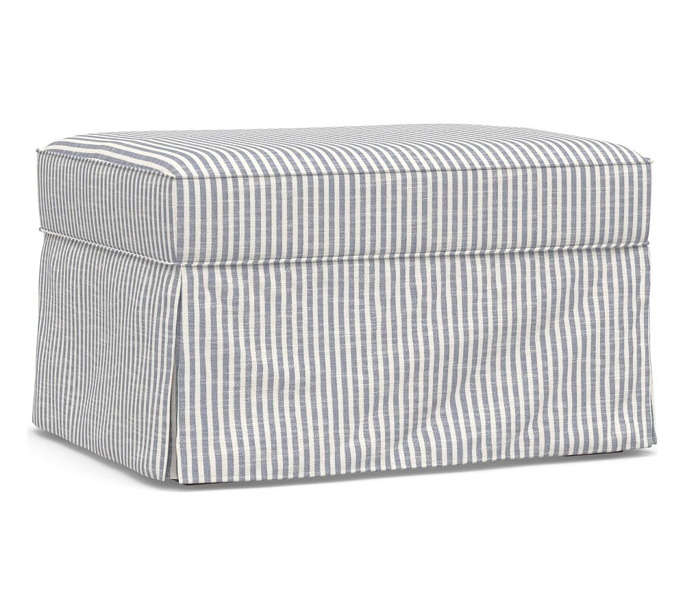 PB English Upholstered Ottoman, Polyester Wrapped Cushions, Classic Stripe Blue - Image 0