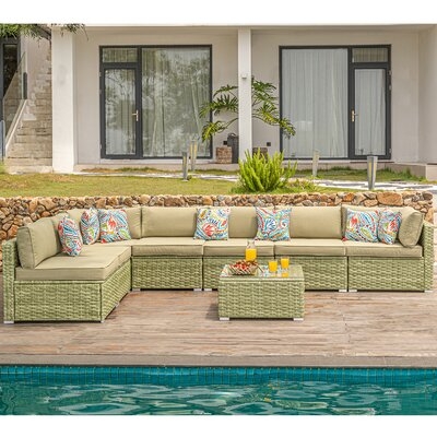 Bay Isle Home™ 8-Piece Outdoor Furniture Set Olive Green Wicker Sectional Sofa W Cushions,Glass Coffee Table,7 Pillows - Image 0