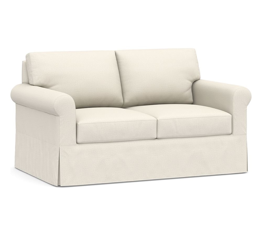 York Roll Arm Slipcovered Loveseat 72.5", Down Blend Wrapped Cushions, Performance Heathered Tweed Ivory - Image 0