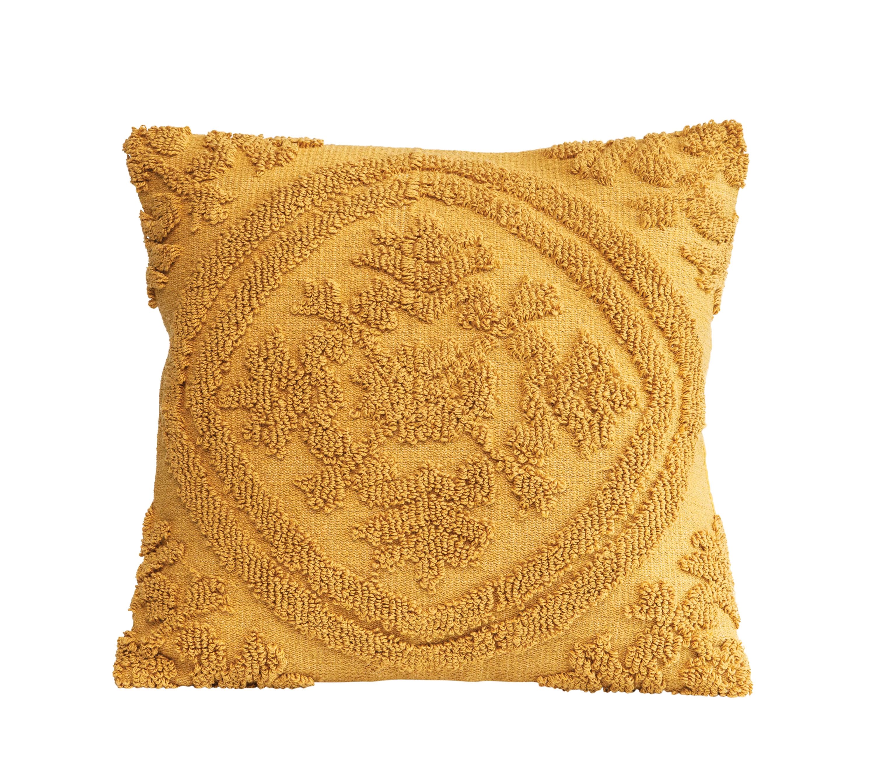 Square Woven Looped Pillow, Mustard Cotton, 18" x 18" - Image 0