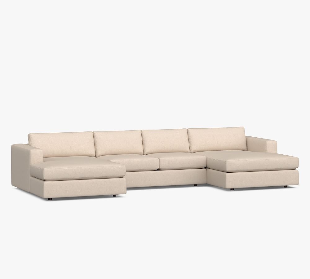 Carmel Square Arm Upholstered U-Double Chaise Loveseat Sectional, Down Blend Wrapped Cushions, Performance Heathered Tweed Ivory - Image 0