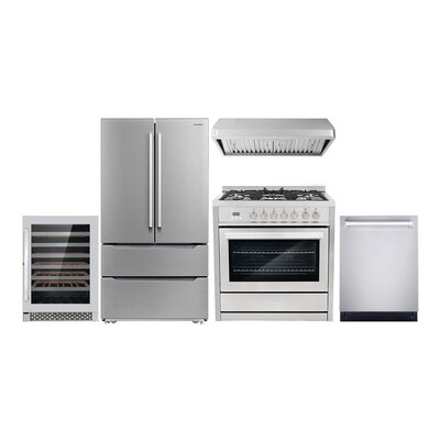 5 Piece Kitchen Package With 36" Freestanding Dual Fuel Range  36" Under Cabinet Range Hood 24" Built-in Fully Integrated Dishwasher Energy Star French Door Refrigerator & 48 Bottle Wine Refrigerator - Image 0
