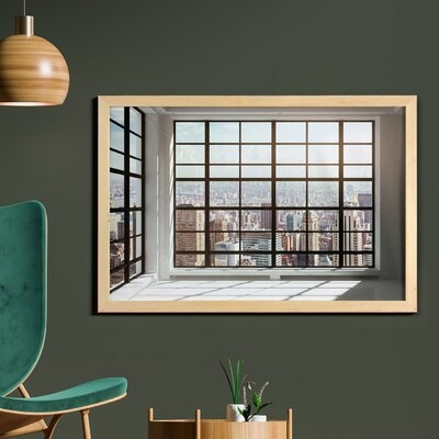 Ambesonne Modern Wall Art With Frame, Urban City View Of Apartments From Square Shape Windows Photograph, Printed Fabric Poster For Bathroom Living Room Dorms, 35" X 23", Pale Brown White - Image 0