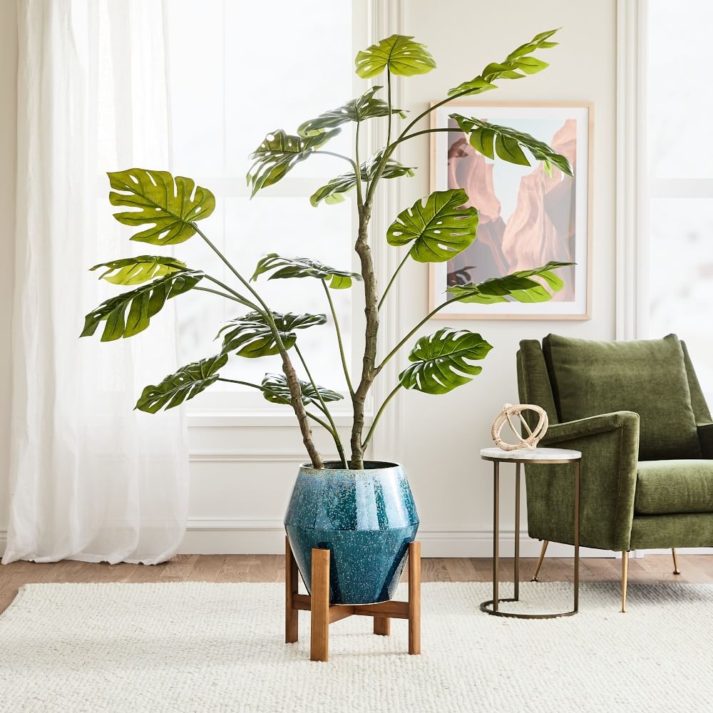 Faux Potted Monstera & Small Ilya Floor Planter, Reactive Blue - Image 0