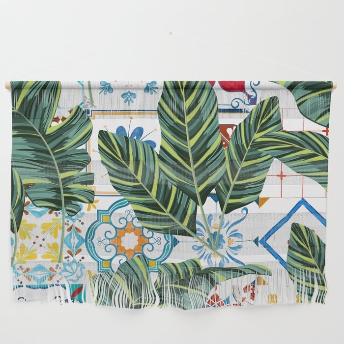Plant A Garden In Which Mysteries Bloom | Morocco Botanical Exotic Tiles | Tropical Nature Grow Wall Hanging by 83 Oranges By Uma Gokhale - Large 47" x 32.25" - Image 0