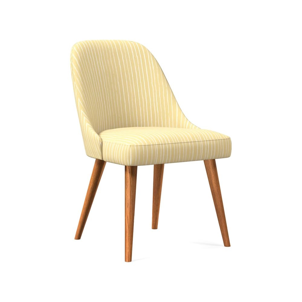 Mid-Century Upholstered Dining Chair, Yellow Stone White, Chalk Stripe, Pecan - Image 0