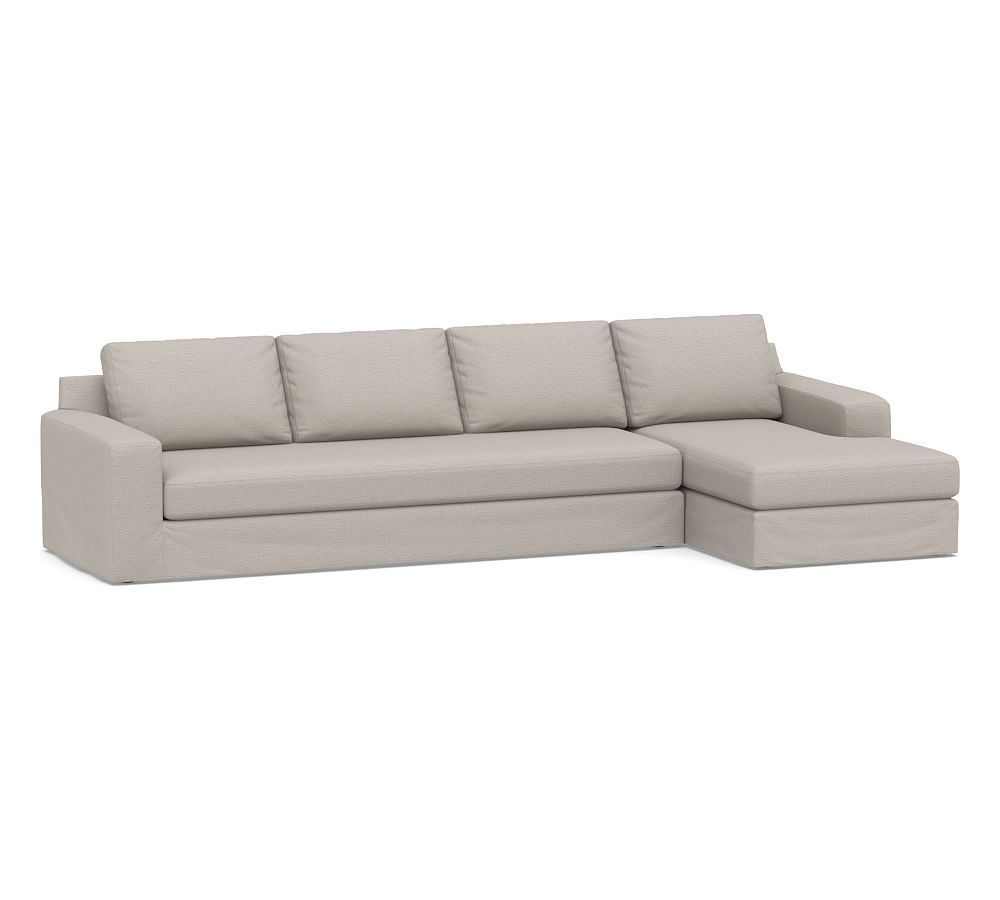 Big Sur Square Arm Slipcovered Left Arm Grand Sofa with Chaise Sectional and Bench Cushion, Down Blend Wrapped Cushions, Chunky Basketweave Stone - Image 0
