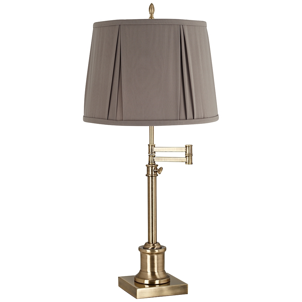 Westbury Antique Brass Swing Arm Table Lamp with Khaki Gray Shade - Image 0