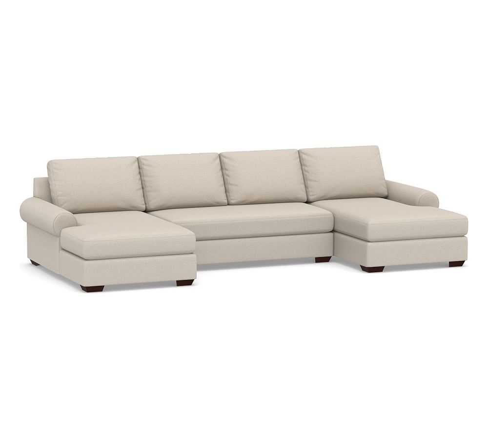 Big Sur Roll Arm Upholstered U-Chaise Loveseat Sectional with Bench Cushion, Down Blend Wrapped Cushions, Performance Chateau Basketweave Oatmeal - Image 0
