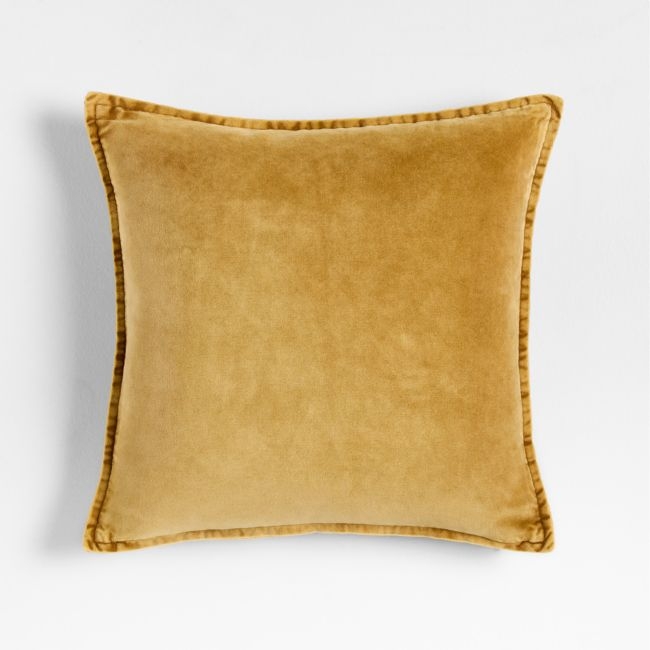 Relaxed Washed Organic Cotton Velvet 20x20 Moroccan Ocher Throw Pillow with Feather Insert - Image 0