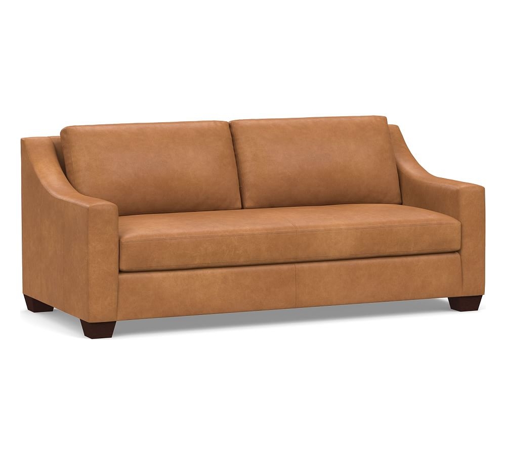 York Slope Arm Leather Sofa 80" with Bench Cushion, Polyester Wrapped Cushions, Churchfield Camel - Image 0