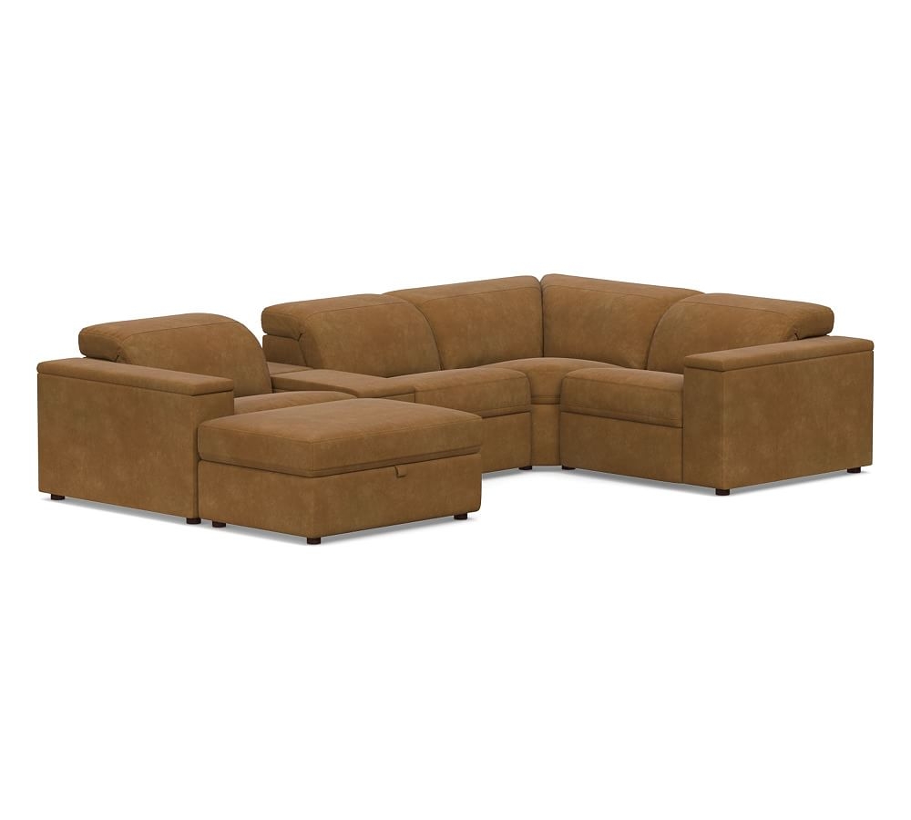 Ultra Lounge Square Arm Leather 6-Piece Reclining Sectional, Down Blend Wrapped Cushions, Nubuck Camel - Image 0
