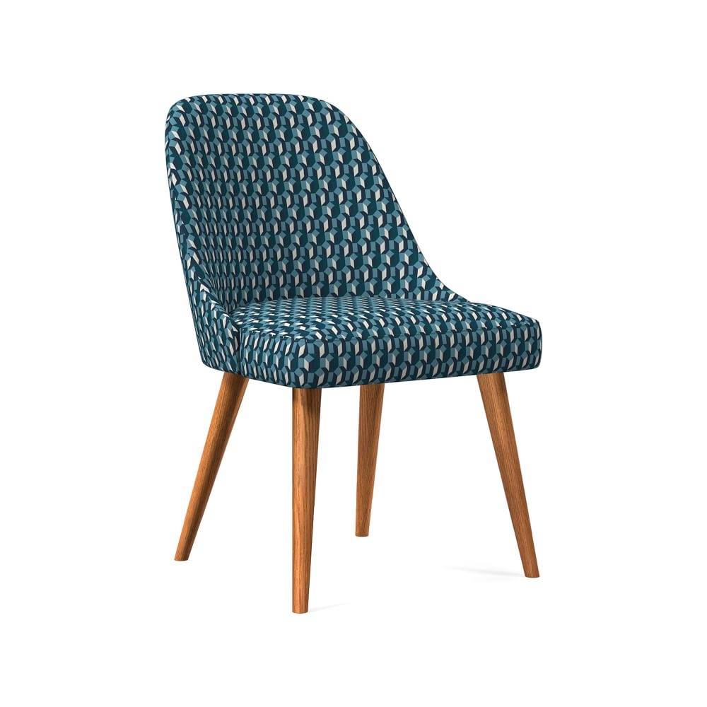 Mid-Century Upholstered Dining Chair, Blue Teal, Block Geo, Pecan - Image 0