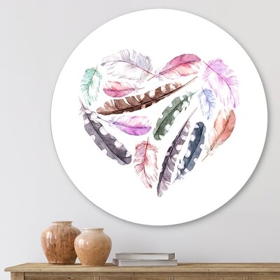Retro Heart With Pink Bird Feathers - Bohemian & Eclectic Metal Circle Wall Art - Image 0