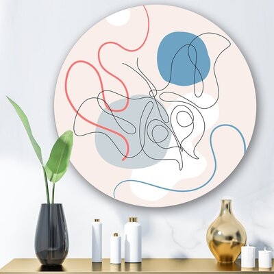 Butterfly One Line Drawing On Cubism Shapes II - Modern Metal Circle Wall Art - Image 0