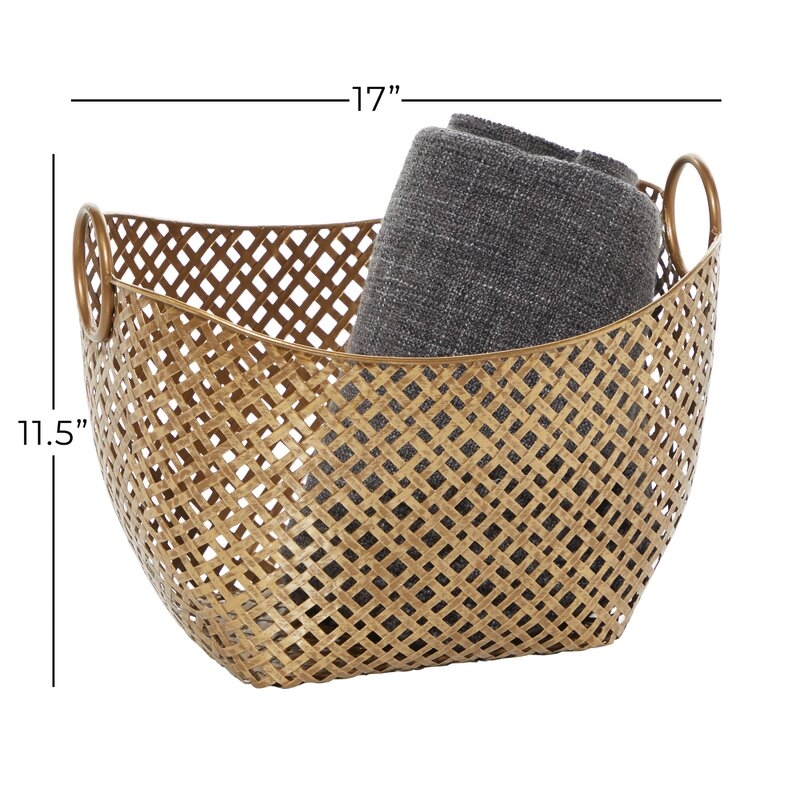 Gold Metal Woven Inspired Storage Basket with Handles 17" x 13" x 11" - Image 2