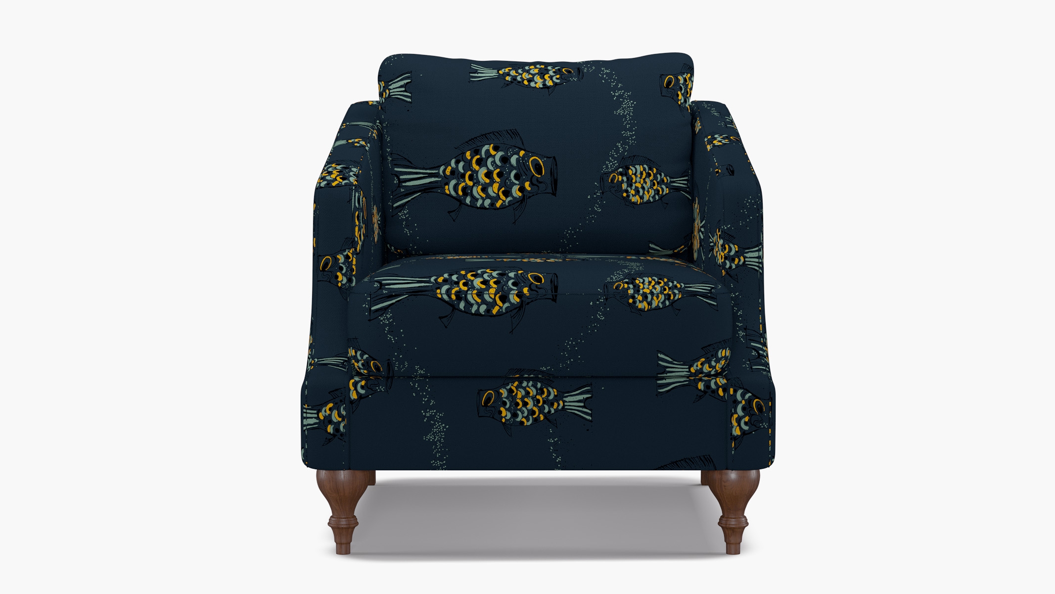 Slope Arm Chair, Indigo Sakana, Walnut Turned Wood Leg - Image 0