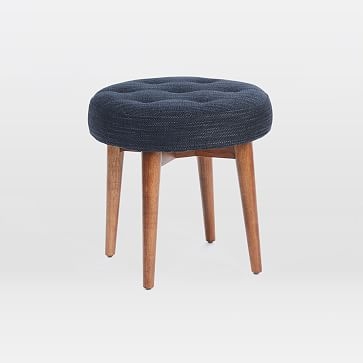 Mid-Century Upholstered Stool, Poly, Yarn Dyed Linen Weave, Regal Blue, Pecan - Image 5