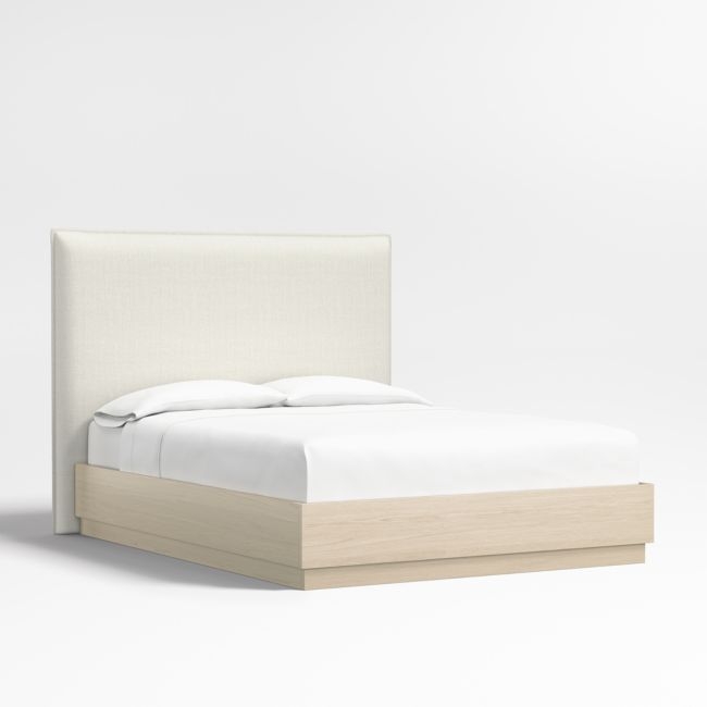 Arvada 54" Ivory Queen Upholstered Headboard with Batten White Oak Bed Base - Image 0