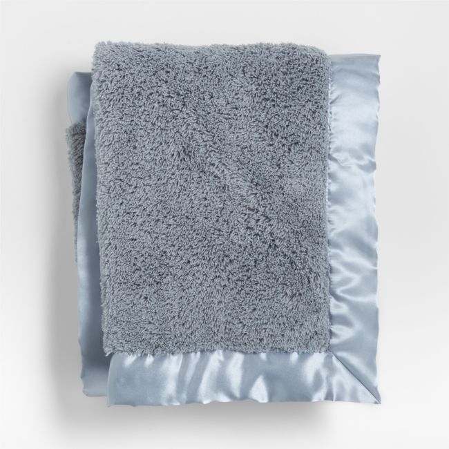 Blue-Grey Satin Trim Plush Baby Stroller Blanket - Image 0