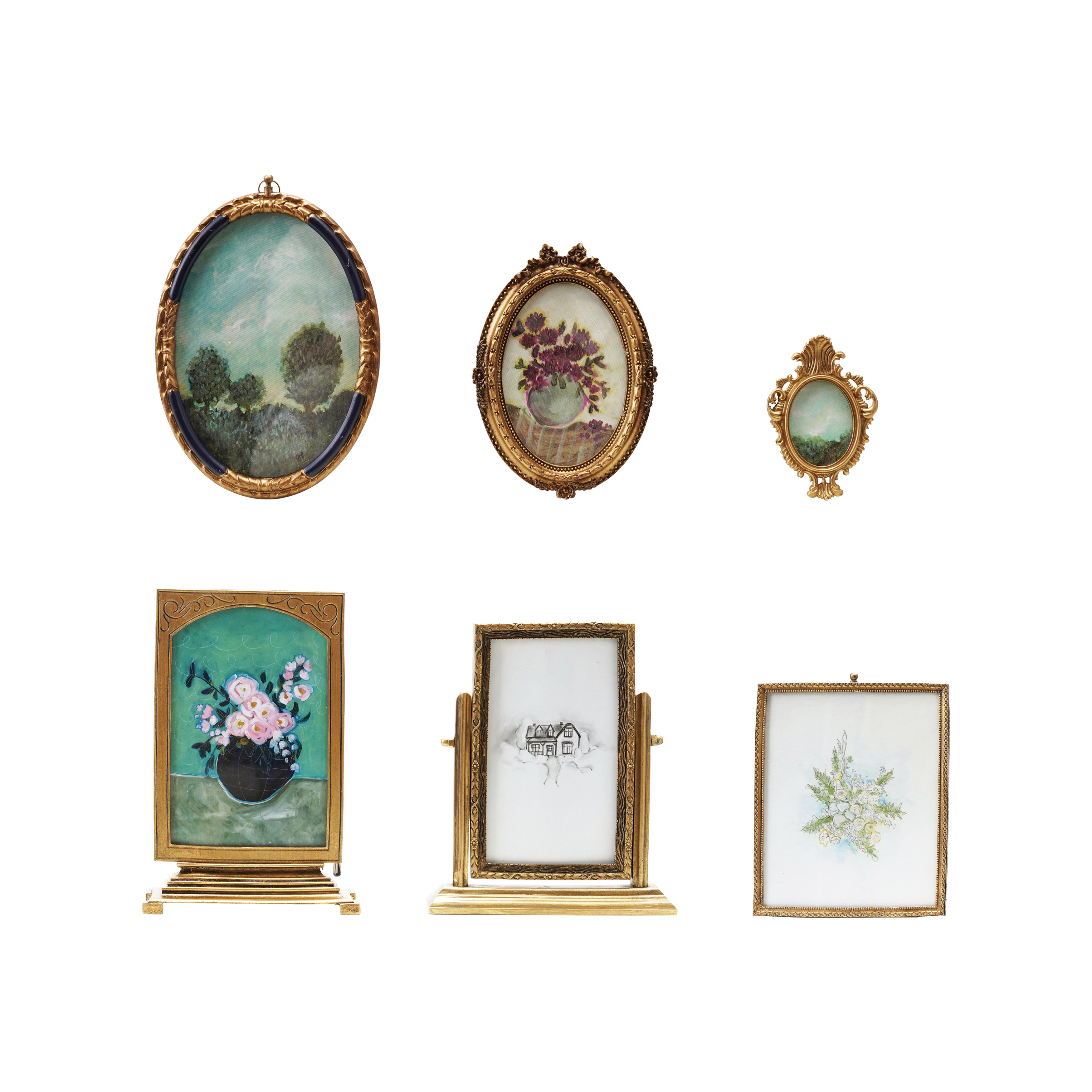 6-Piece Pewter and Glass Photo Frames with Art, Gold Finish - Image 0