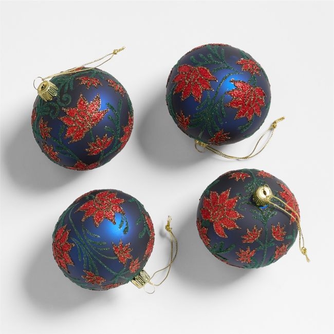 European Red Poinsettia Ball Christmas Tree Ornament, Set of 4 - Image 0