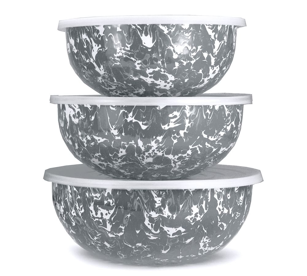 Golden Rabbit Enamel Lidded Mixing Bowls, Set of 3 - Gray Swirl - Image 0