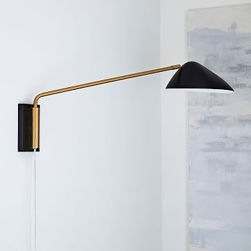 New Curvilinear Mid-Century Sconce, Long Arm, Black + Brass, Individual - Image 1