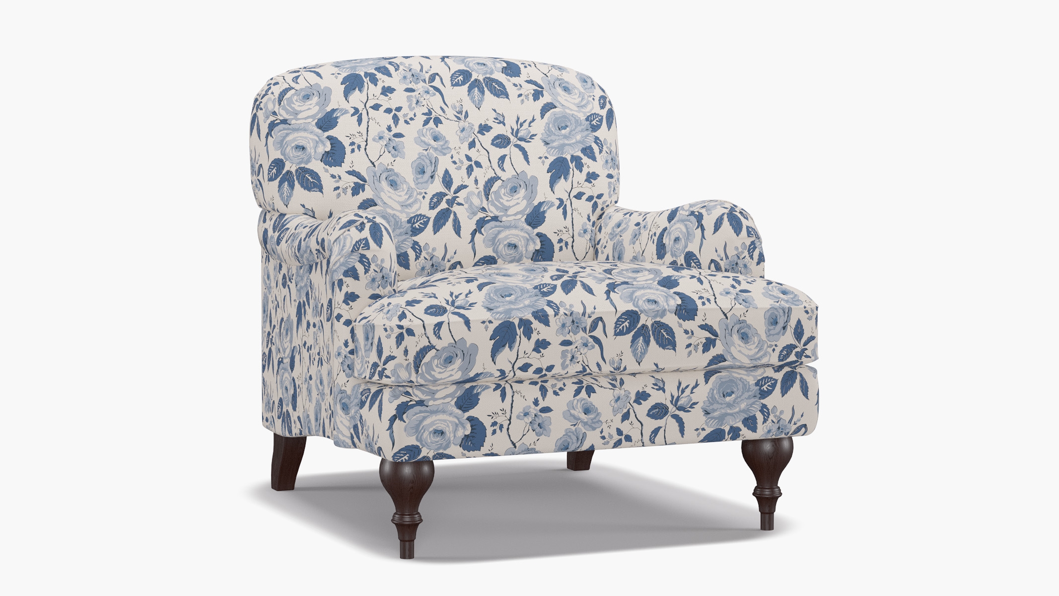 English Roll Arm Chair, Delft Chintz, Espresso Turned Wood Leg - Image 1